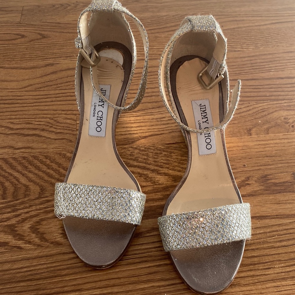 Jimmy Choo 85mm metallic block heel sandal - barely worn in excellent condition